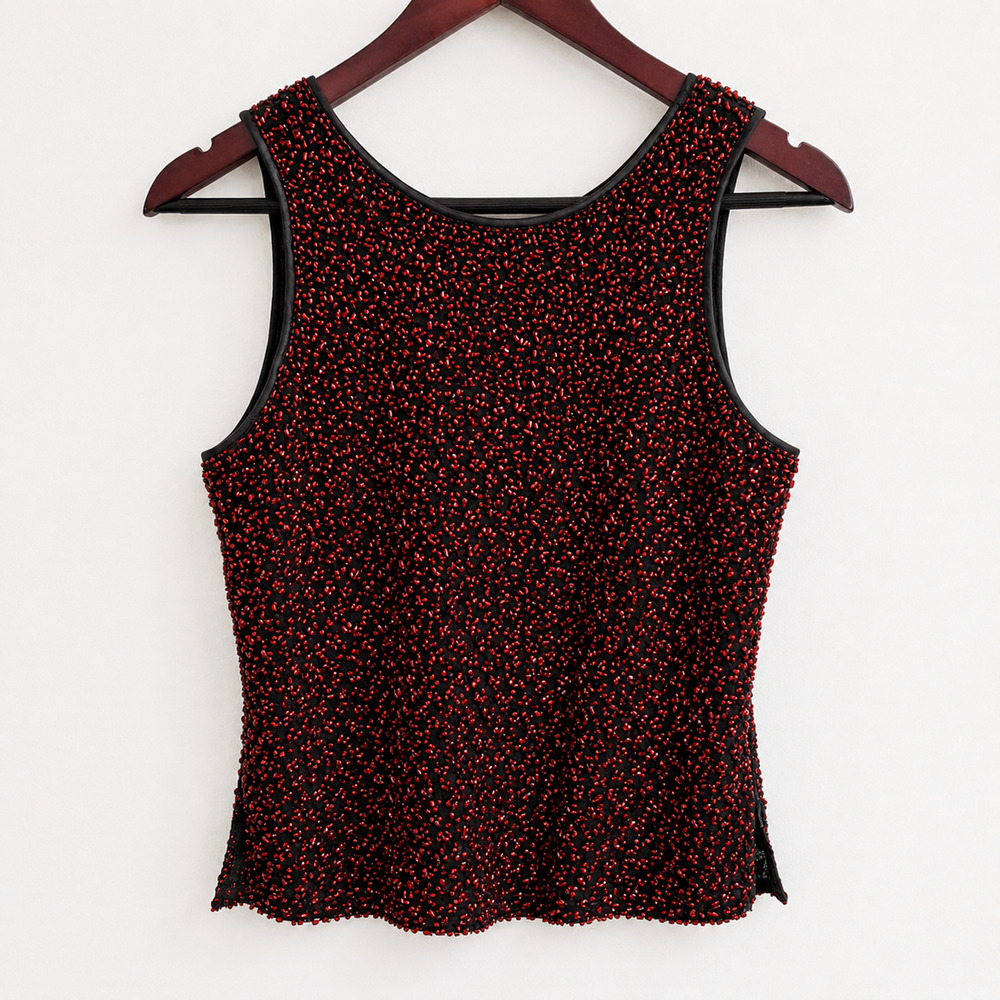 Vintage Laurence Kazar Whimsigoth Beaded Silk Tank Top Black Red Medium Glam
